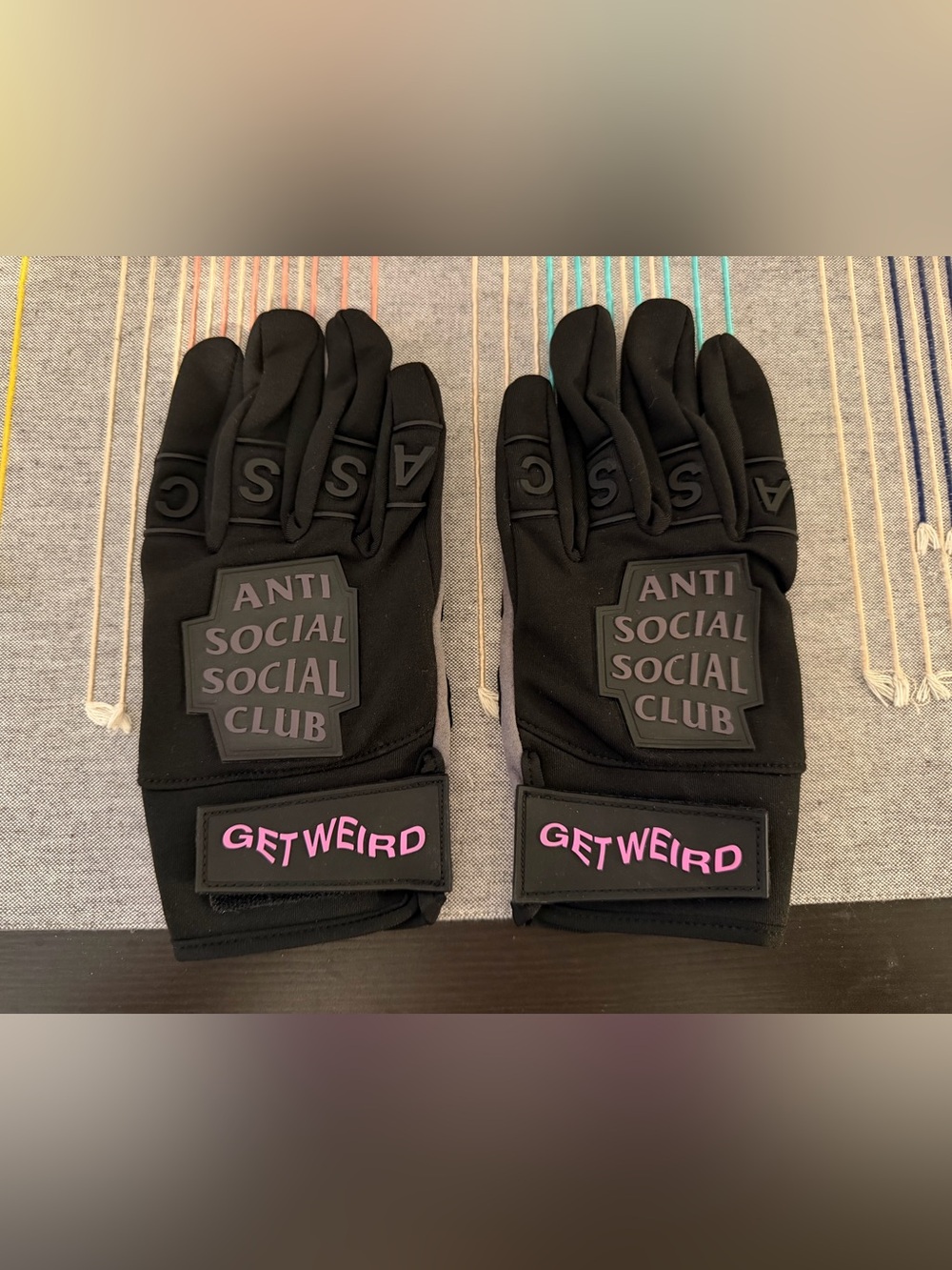 Anti Social Social Club Black Gloves with Pink GET WEIRD Strap